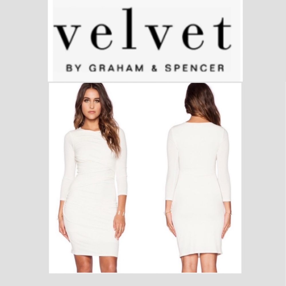 Velvet by Graham & Spencer Ivory 3/4 Sleeves Ruched In the sides Dress Large